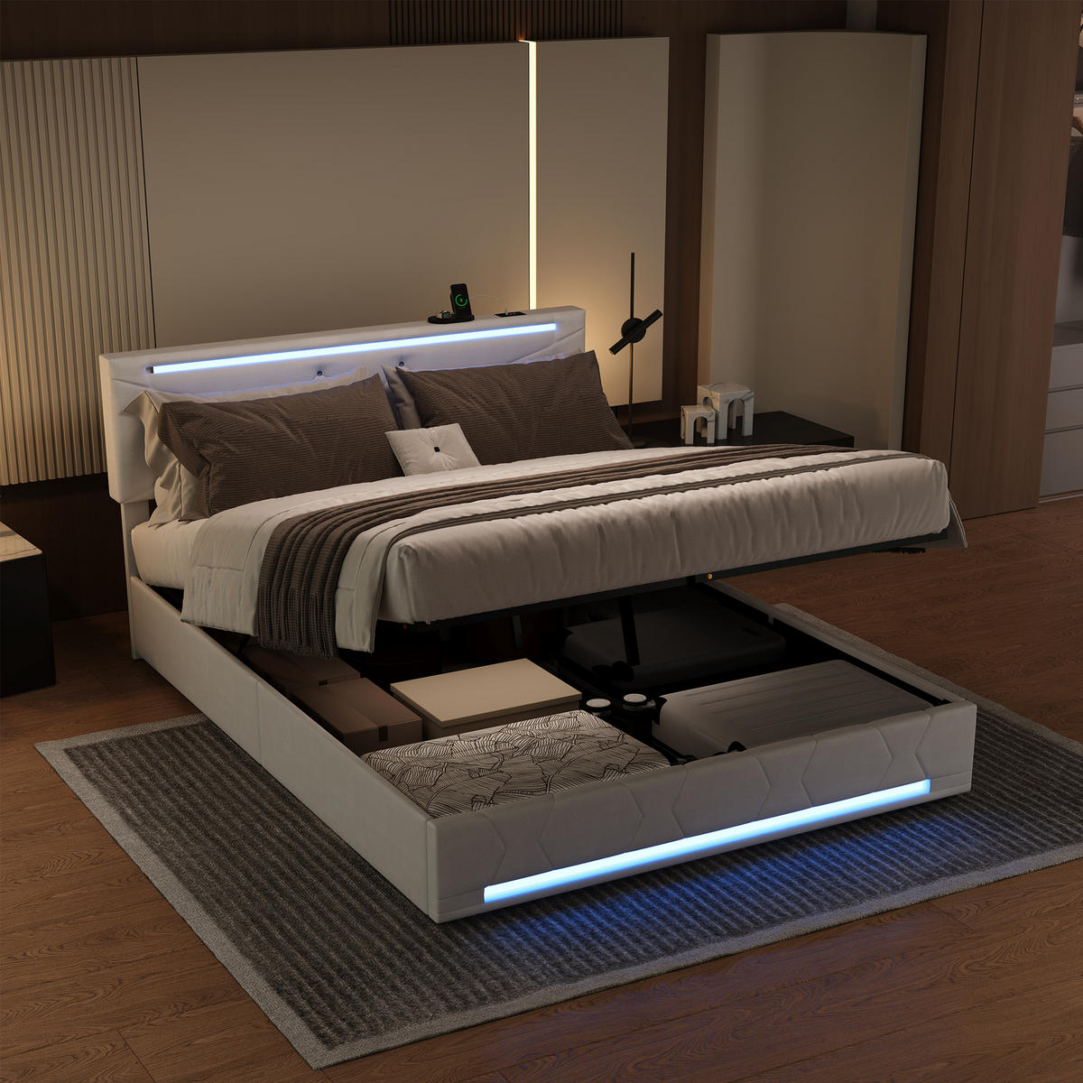 POLSTERBETT 140/190 cm Weiß mit hydraulischem Stauraum, LED-Beleuchtung, höhenverstellbarem Kopfteil und USB-Anschluss - Weiß, Metall (140/190cm) - EuroLiving