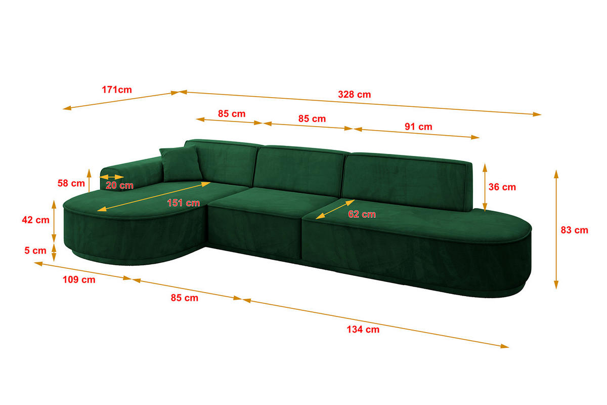 ECKSOFA Ottomane Links MARI-L2-v3 - 328x171x83 cm Dunkelgrün Velours - Dunkelgrün/Schwarz, Holzwerkstoff/Kunststoff (328/171cm) - ALTDECOR