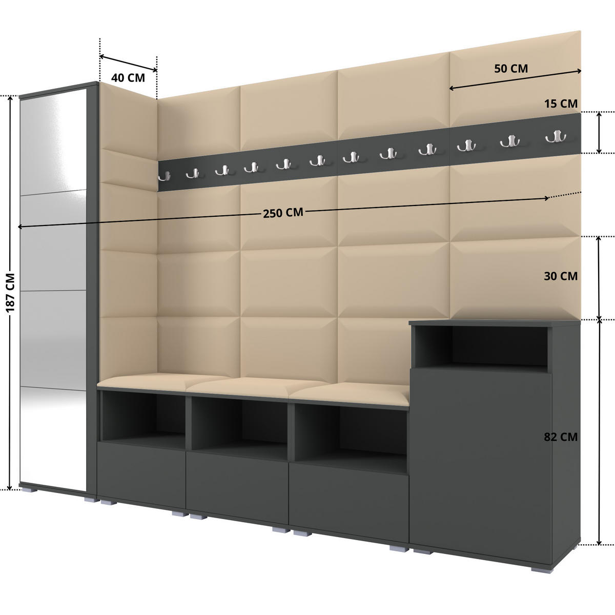 GARDEROBE NELA XI 250 cm (Modulare Flurmöbel Graphit mit Spiegel & Sitzpolster Beige 04 Großes Set) - Beige/Silberfarben, Holz/Holzwerkstoff (250/187/40cm) - Ravio