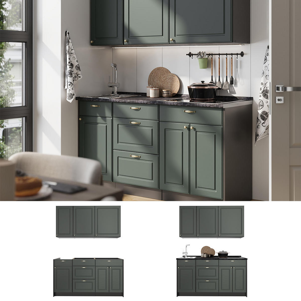 SINGLEKÜCHE Fame-Line, Grün-Gold Landhaus/Anthrazit, 150 cm ohne Arbeitsplatte - Anthrazit/Grün, Holzwerkstoff (150/82/51.6cm) - Vicco