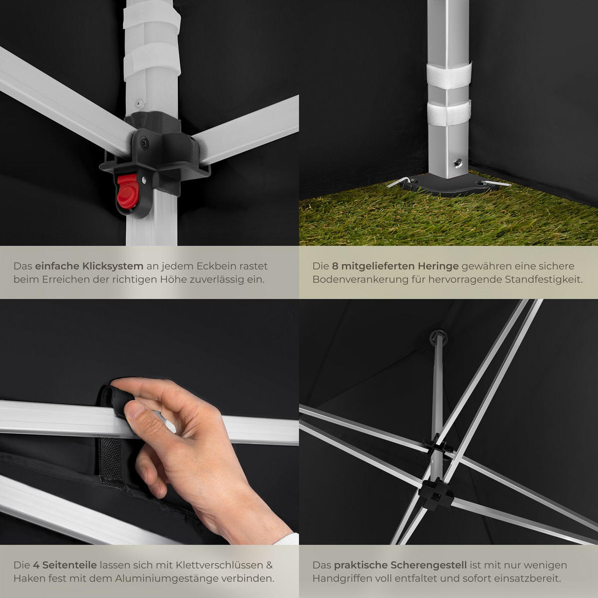 FALTPAVILLION aus Aluminium Olivia, inklusive Spannseilen, Heringen und Tragetasche, schwarz - Schwarz, Kunststoff (300/280/300cm) - tectake