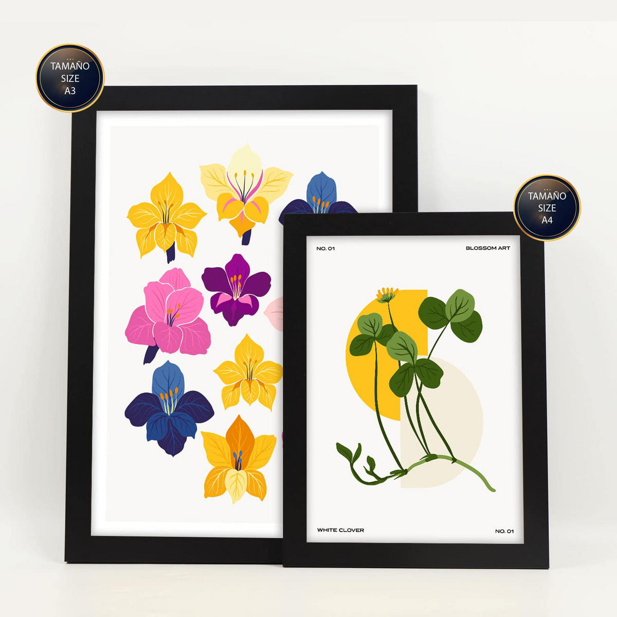 POSTER Set Mit 6 Florales Farbschema Größe A3 & A4 Schwarzer Rahmen - Schwarz, Papier (29.7/1cm) - Nacnic