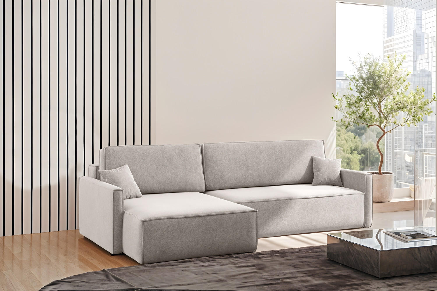 SCHLAFSOFA Carlos L-Form, Ecksofa Mit Bettkasten Und Schlaffunktion Stoff Salvador Rechts Hellbeige - Creme, Holz/Textil (250/83/142cm) - Kaiser Möbel