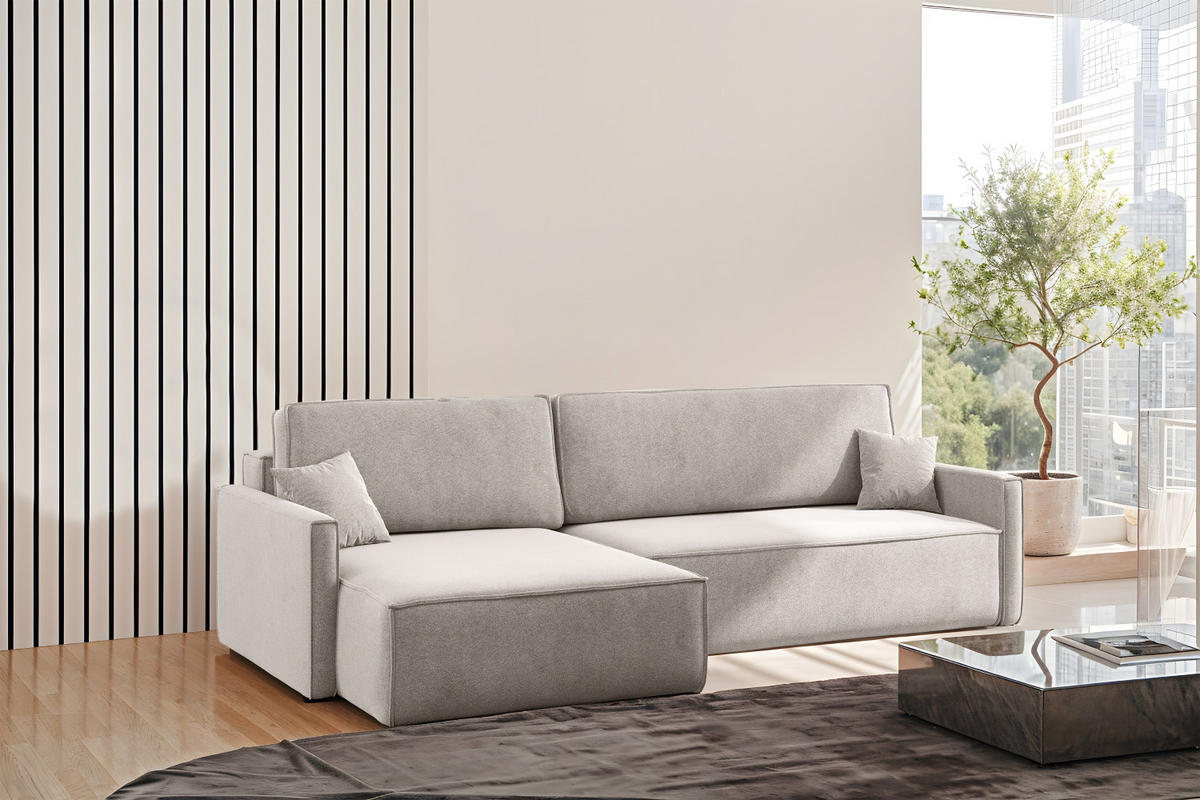SCHLAFSOFA Carlos L-Form, Ecksofa Mit Bettkasten Und Schlaffunktion Stoff Salvador Rechts Hellbeige - Creme, Holz/Textil (250/83/142cm) - Kaiser Möbel