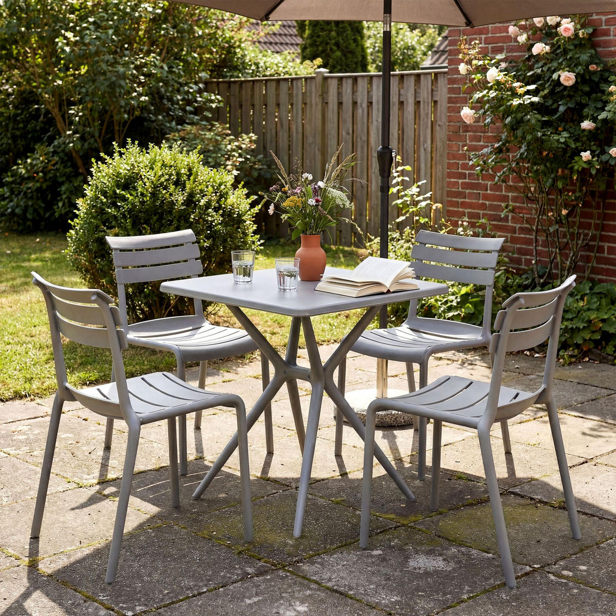 GARTENMÖBEL-SET Klara 4 Stühle 190x190x82cm Kunststoff Grau Balkonset - Grau, Kunststoff - DELUKE