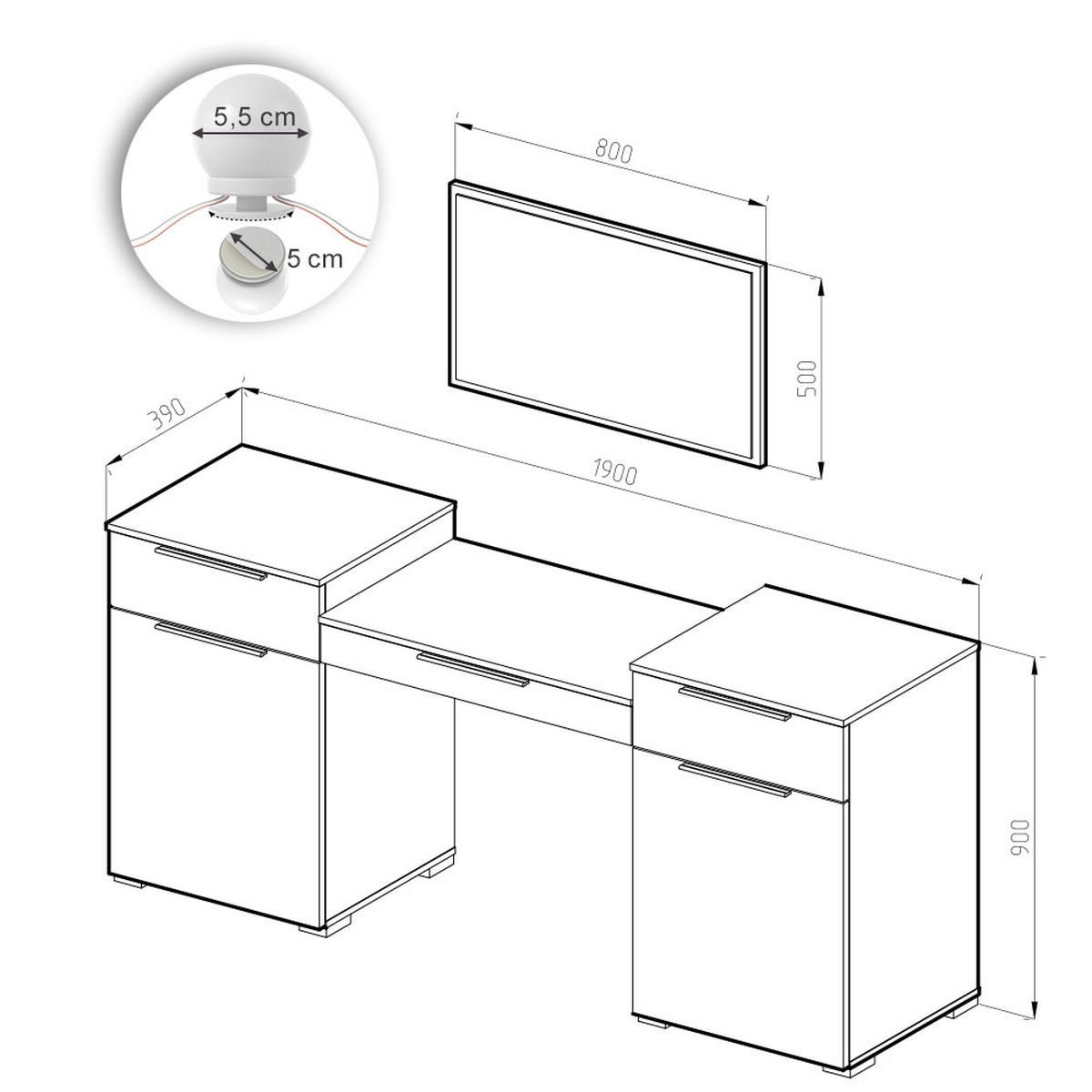 SCHMINKTISCH Lilli Weiß 190 cm mit LED Beleuchtung - Weiß, Holzwerkstoff (190/90/39cm) - Vicco