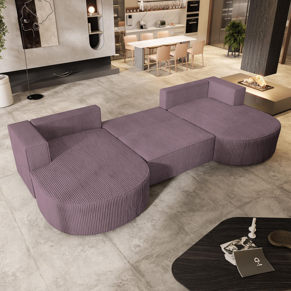 WOHNLANDSCHAFT VEZZO P Lila Kordstoff mit Schlaffunktion - Lila, Holz (347/85/174cm) - MASSENO