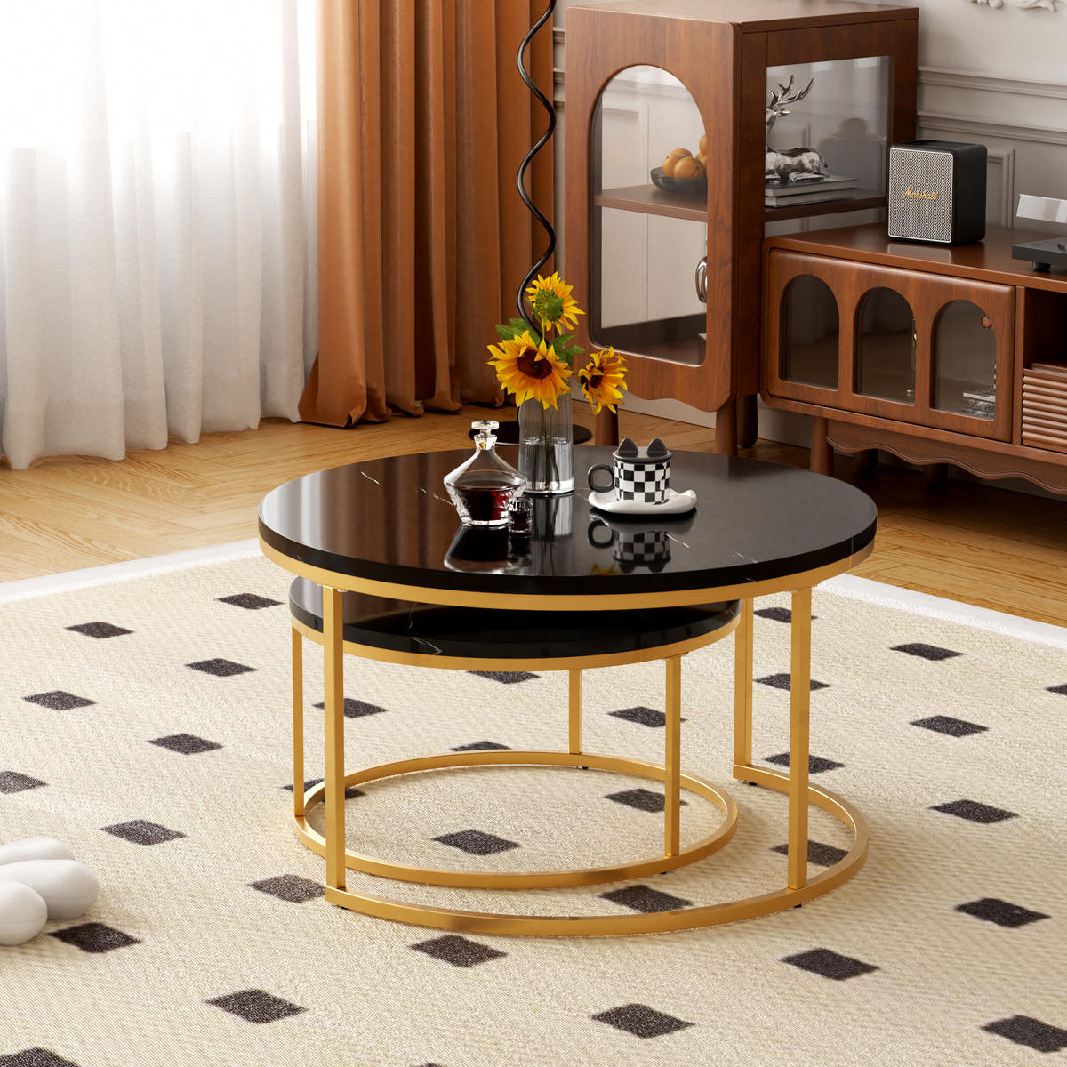 COUCHTISCH-SET mit Marmoreffekt und Metallrahmen Basis, Stapelbarer Beistelltisch Set 80/80/45 cm + 60/60/33,5 cm, Schwarz und Gold - Schwarz, Holzwerkstoff (80/80/45cm) - Redom