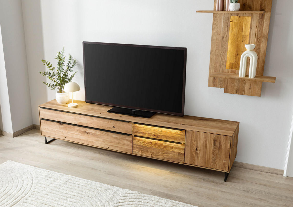 LOWBOARD Wildeiche 235x43x52 natur geölt WIEN #206 - Naturfarben, Holz (43/52/235cm) - Massivmoebel24