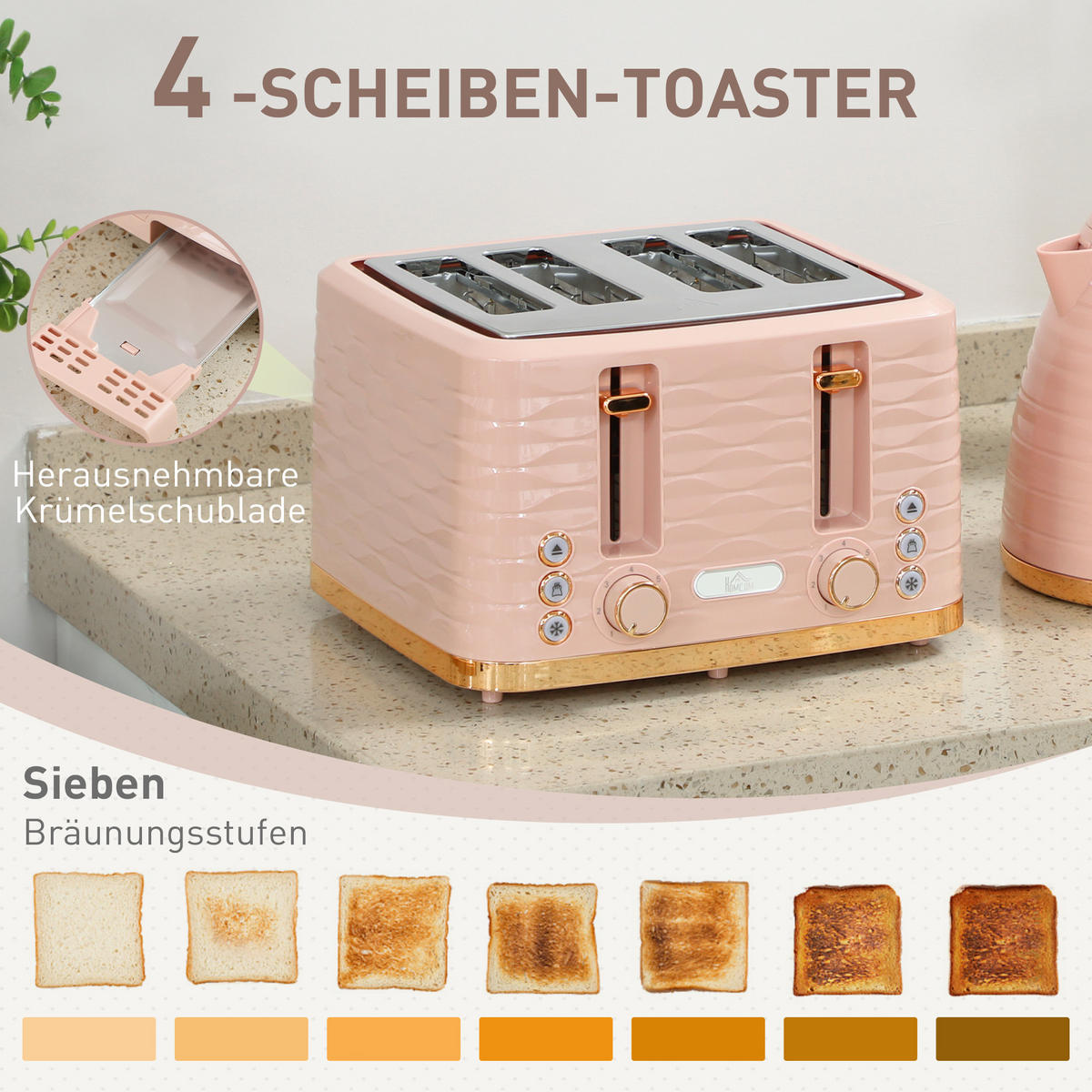KOCHER-TOASTER-SET 2er Set Kunststoff Stahl Rosa - Rosa, Kunststoff (19.5/23.2/24.1cm) - HOMCOM