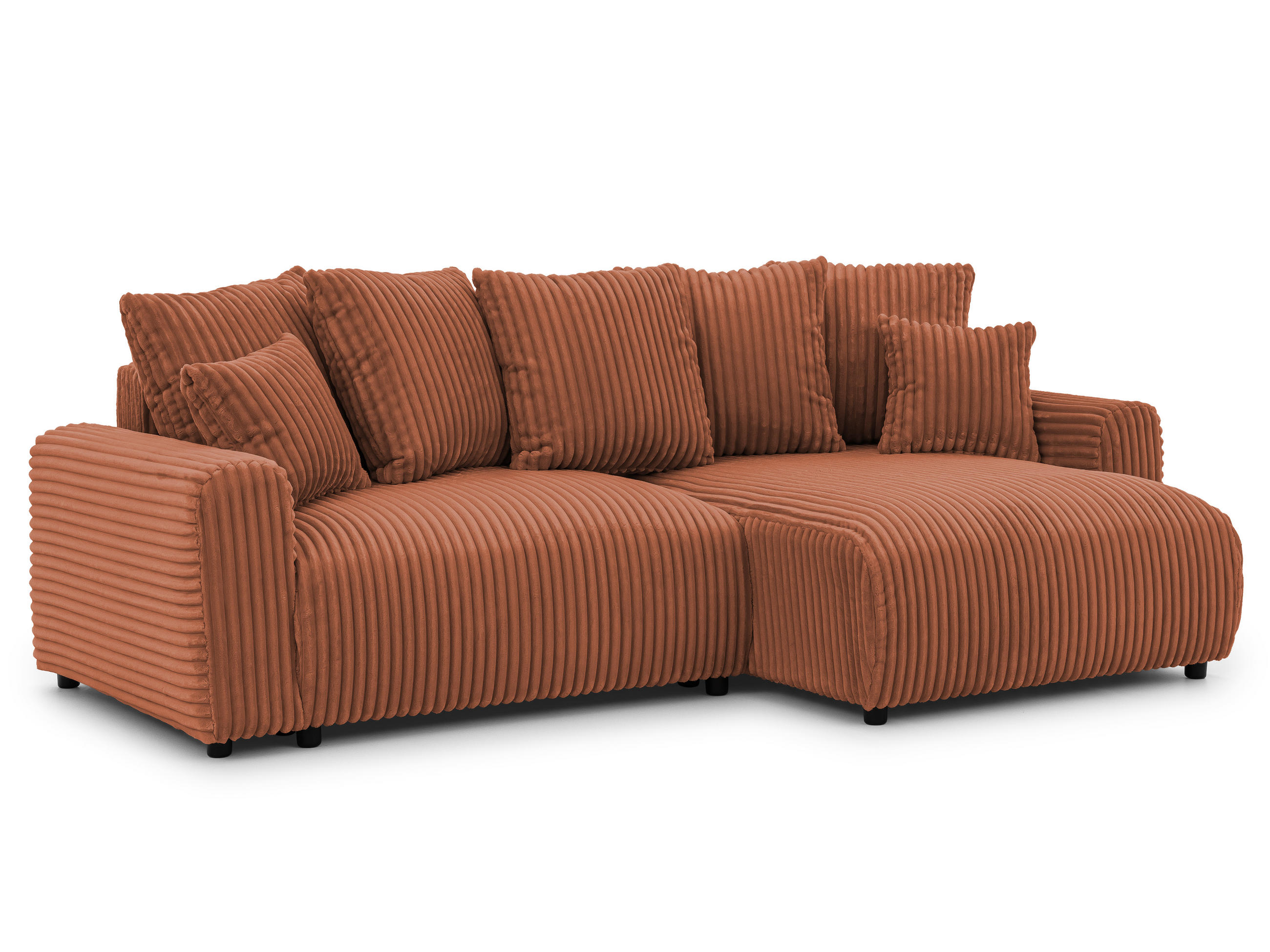 ECKSOFA Calma mit Schlaffunktion und Bettkasten im Bumpy-Design aus weichem Terrakotta Plüschcord - Ottomane rechts - Terracotta/Schwarz, Holz/Kunststoff (140/239cm) - S-Style