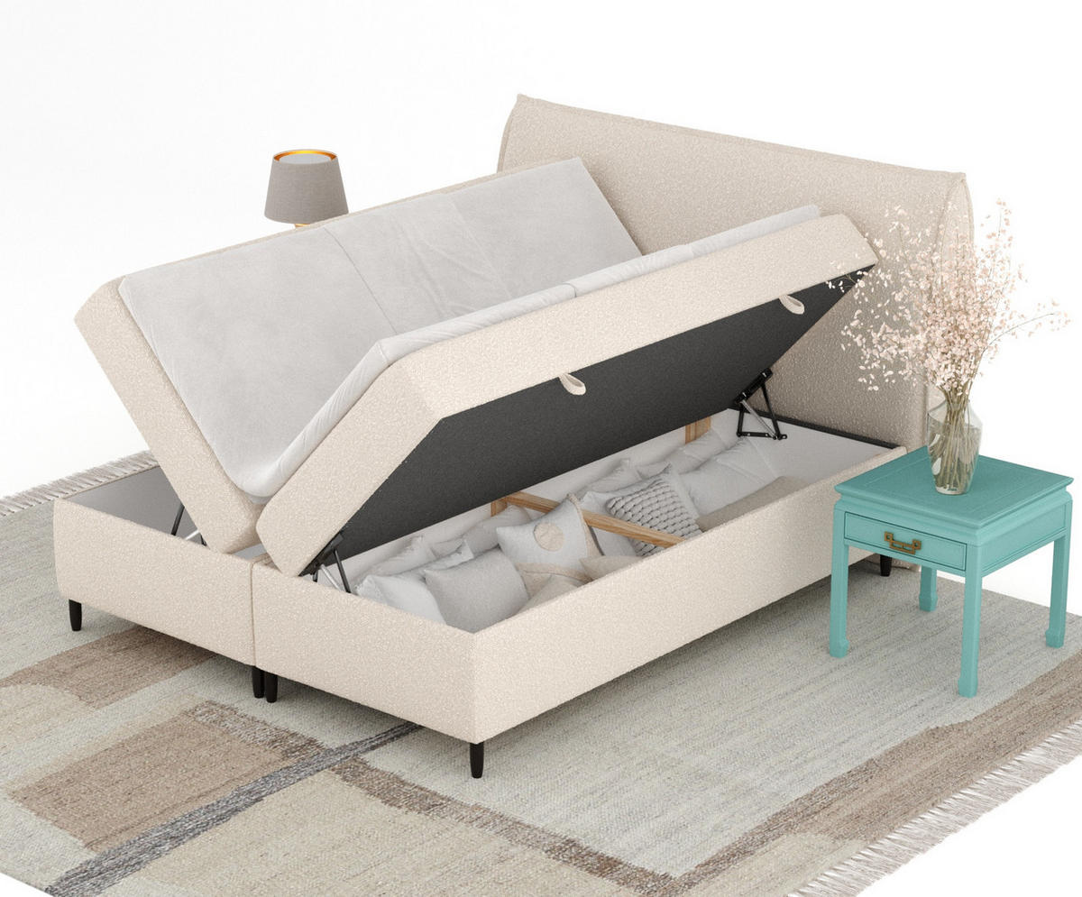 BOXBETT 200/200 cm Corvus, in Hellbeige, Matratze, Topper, Bettkasten, H4 = sehr fest - Creme/Schwarz, Holz/Holzwerkstoff (200/200cm) - Maison de Reve