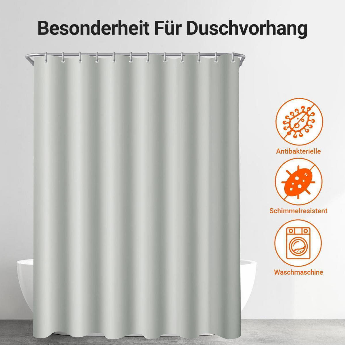 DUSCHVORHANG Grau 300 x 180 cm Wasserabweisend Beschwerter Saum Waschbar Polyester - Grau, Textil (300/180cm)