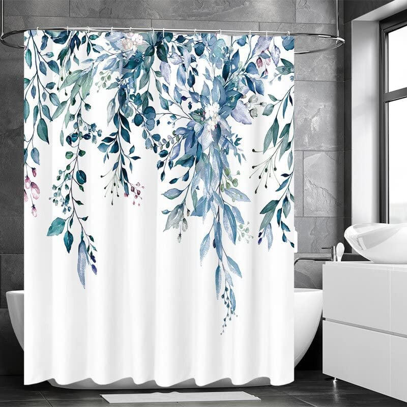 DUSCHVORHANG Blau Polyester Blätter Grün bedruckt waschbar Badezimmer - Multicolor, Textil (180/180cm) - MCBOSON