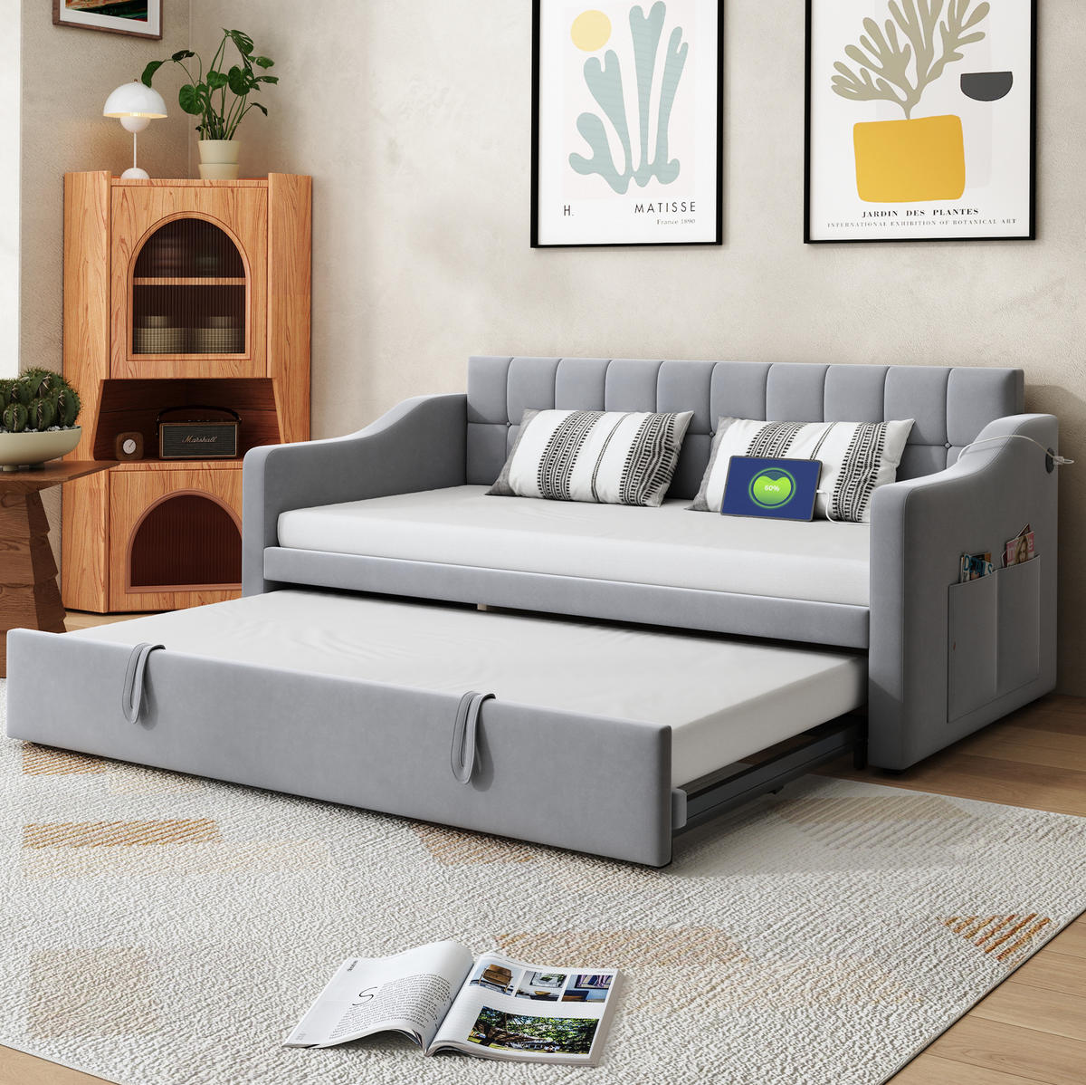 ČALÚNENÁ posteľ 90/190 cm s výsuvným lôžkom a USB portami, zamatový poťah, Svetlosivá - svetlosivá, textil (90/190cm) - Redom