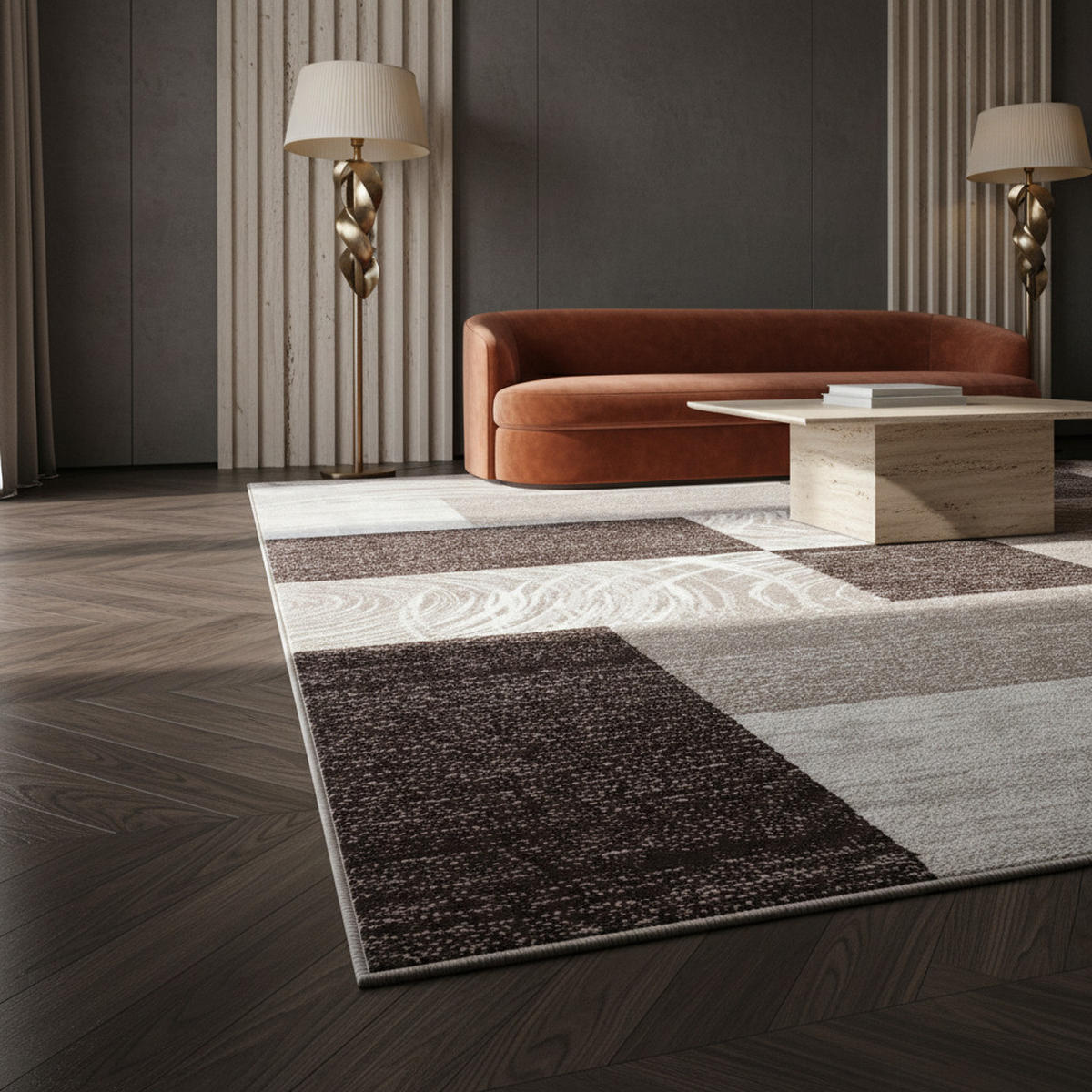 TEPPICH Handwäsche Kurzflor Abstrakte Karos Polypropylen Wohnzimmer Braun Rechteckig 280x370 - Braun, Textil (280/370cm) - KADIMA DESIGN