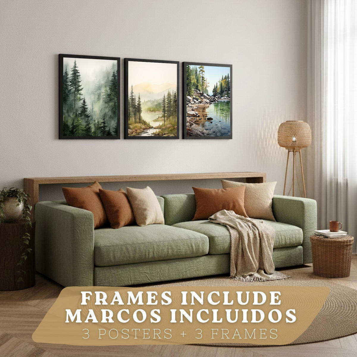 PLAKAT Sada tří dekorativních tisků Nordic Landscape Moderní obývací Obrázky - zelené a hnědé dekorativní plakáty Dekorace Obývací A3 černý rám - černá, papír (29.7/42/3cm) - Nacnic