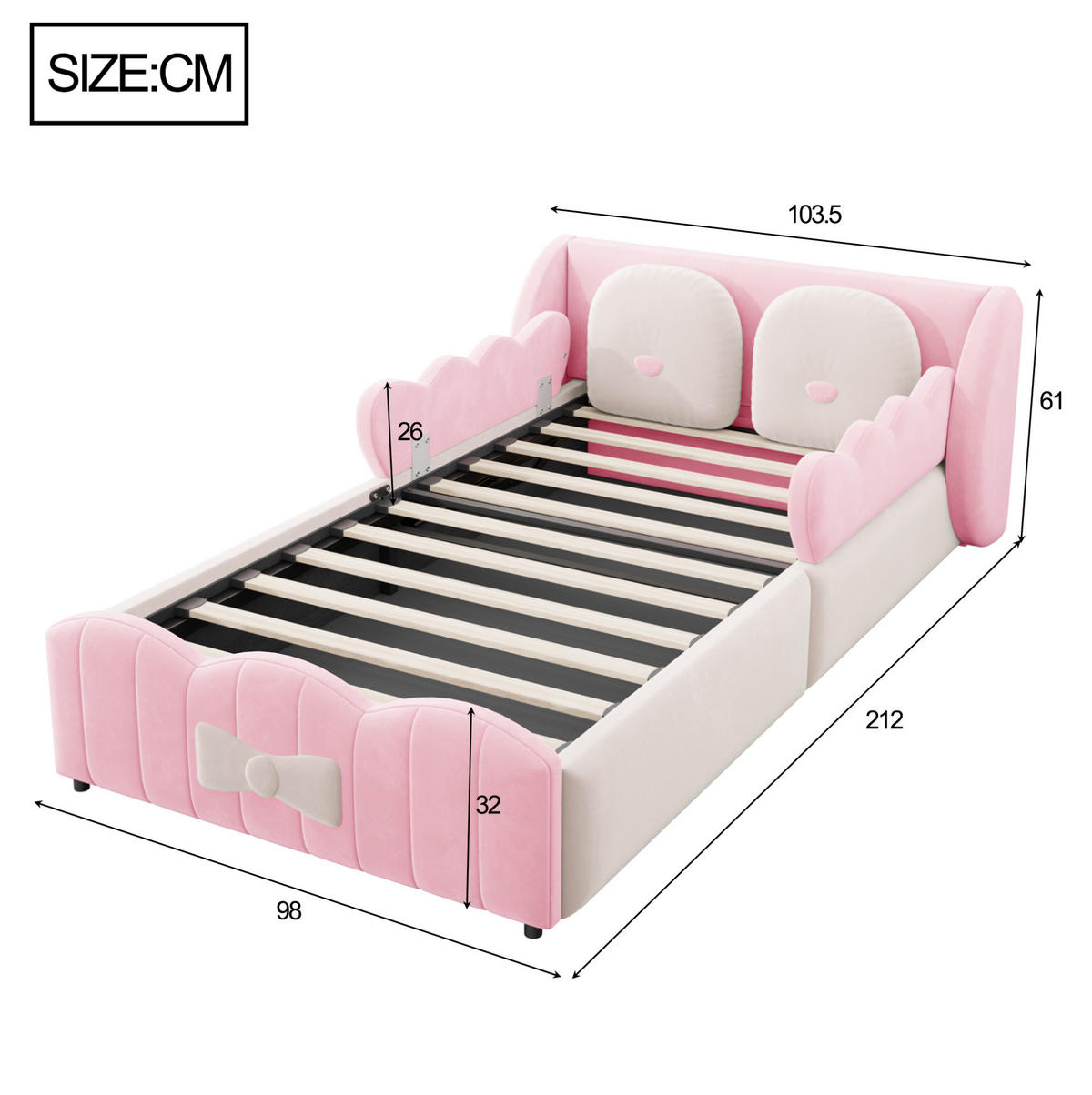 KINDER-POLSTERBETT aus Samt 90x200 cm Rosa mit hydraulischem Stauraum und 2 Zierkissen - Pink, Textil (90/200cm) - Modfu