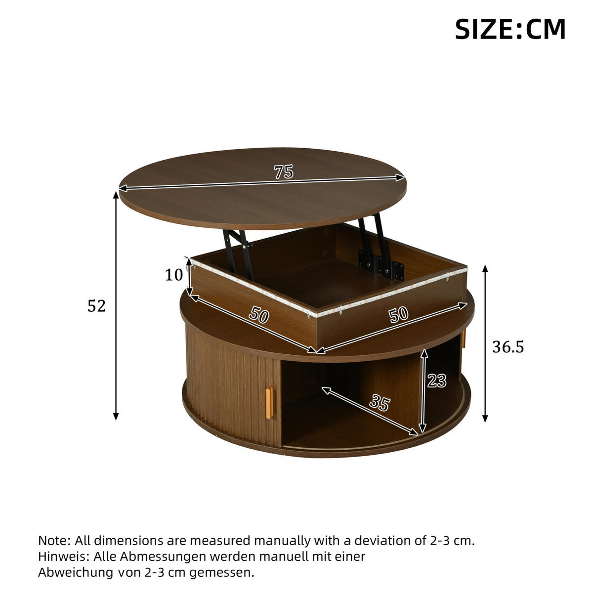 COUCHTISCH 75/75/52 cm höhenverstellbar mit LED-Beleuchtung, Rollladentüren und Stauraum, Walnussfarben - Nussbaumfarben, Holzwerkstoff (75/75/52cm) - Modfu