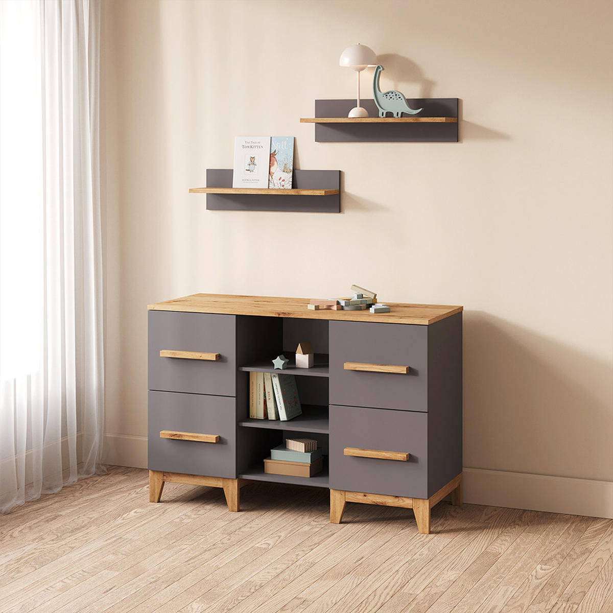 WICKELKOMMODE Mailo Grau/Artisan XL mit 4 Schubladen - Eiche Artisan/Grau, Holzwerkstoff (133/108/70cm) - Livinity®