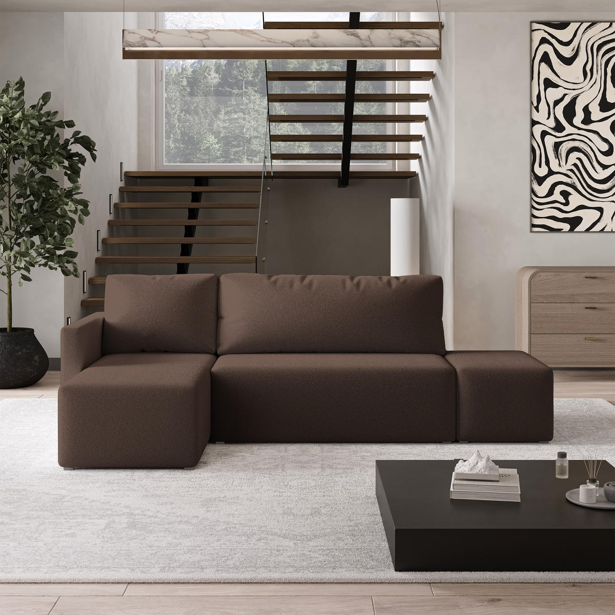 ECKSOFA VELOTTI L-S Braun Boucle-Stoff mit Schlaffunktion - Braun, Holz (261/143cm) - MASSENO