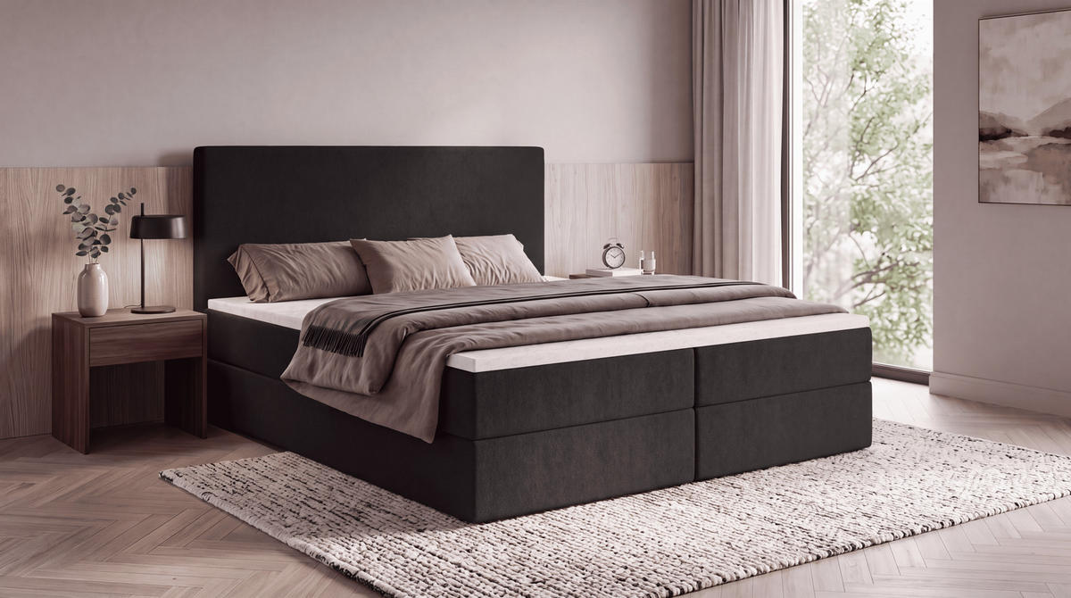 BOXBETT SENTO 140x200 cm mit Bettkasten, Bonell-Matratze H3 und Topper – Bouclé Schwarz - Schwarz, Textil (140/200cm) - Luxkor24