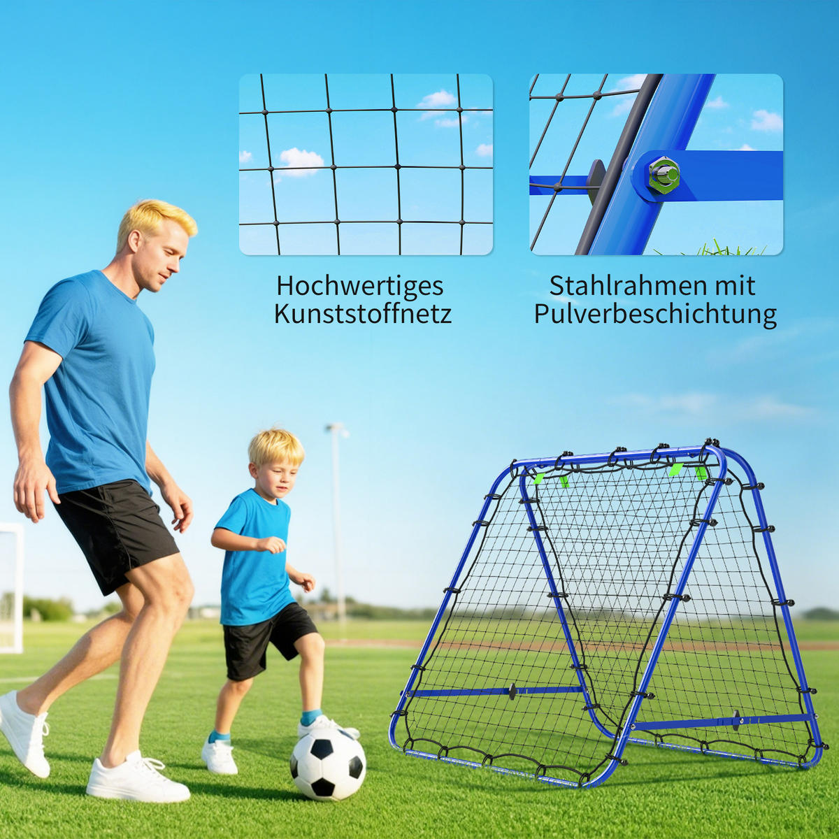 FUßBALL REBOUNDER, PE, Blau, 100 x 95 x 90 cm - Blau, Metall (95/100cm) - HOMCOM