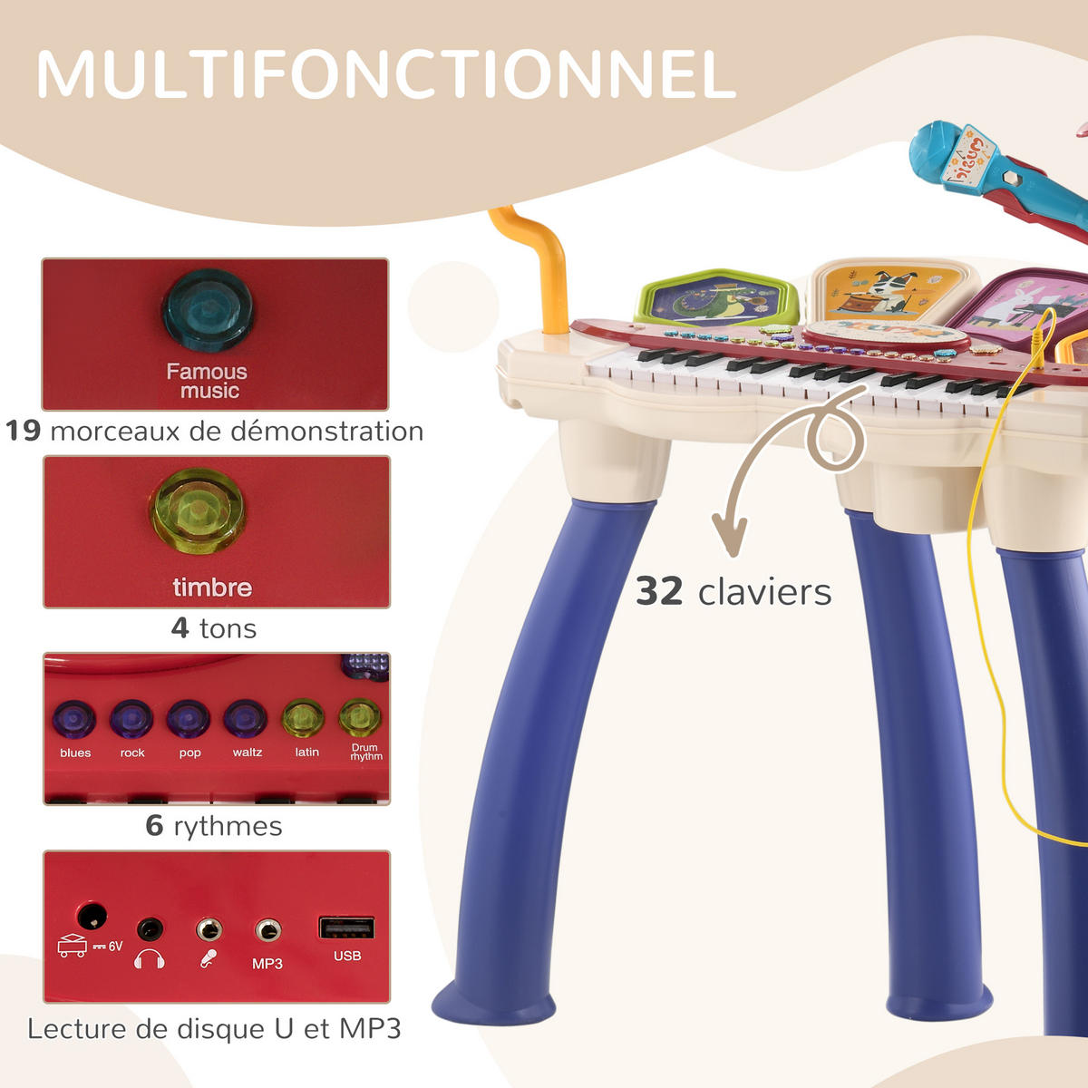 MUSIK-SET DE-18643 2-in-1 Piano & Schlagzeug mit Mikrofon - Multicolor, Kunststoff (32.2/71/74cm) - ComfortXL