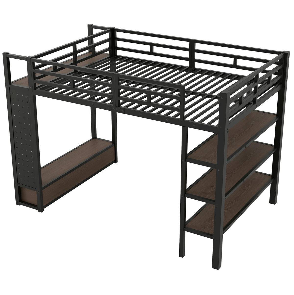 HOCHBETT 140/200 cm mit offenem Kleiderschrank, Regalen, Lochwand und LED-Beleuchtung, Schwarz - Schwarz, Holzwerkstoff (140/200cm) - Redom