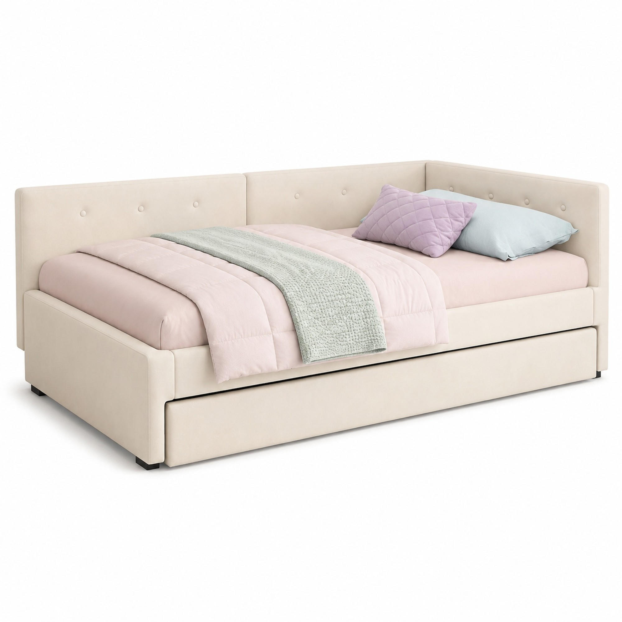 POLSTERBETT 90/200 mit ausziehbarem Rollbett, Samt, MDF und minimalistischem Design in Beige - Beige, Holzwerkstoff/Textil (90/200cm) - EVRYAE