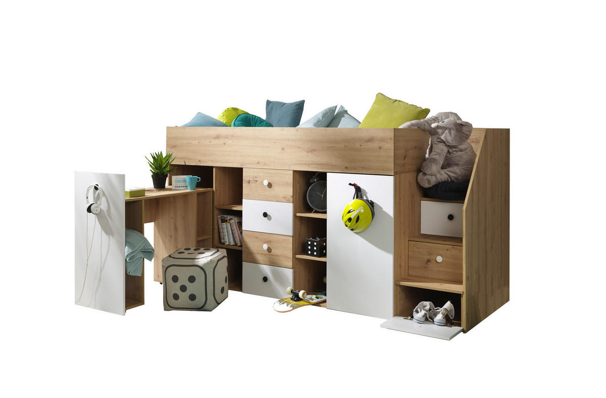 HOCHBETT Smart Artisan Eiche / weiß 93 / 248 / 123cm - Braun/Weiß, Holz/Holzwerkstoff (90/200cm) - Feldmann-Wohnen