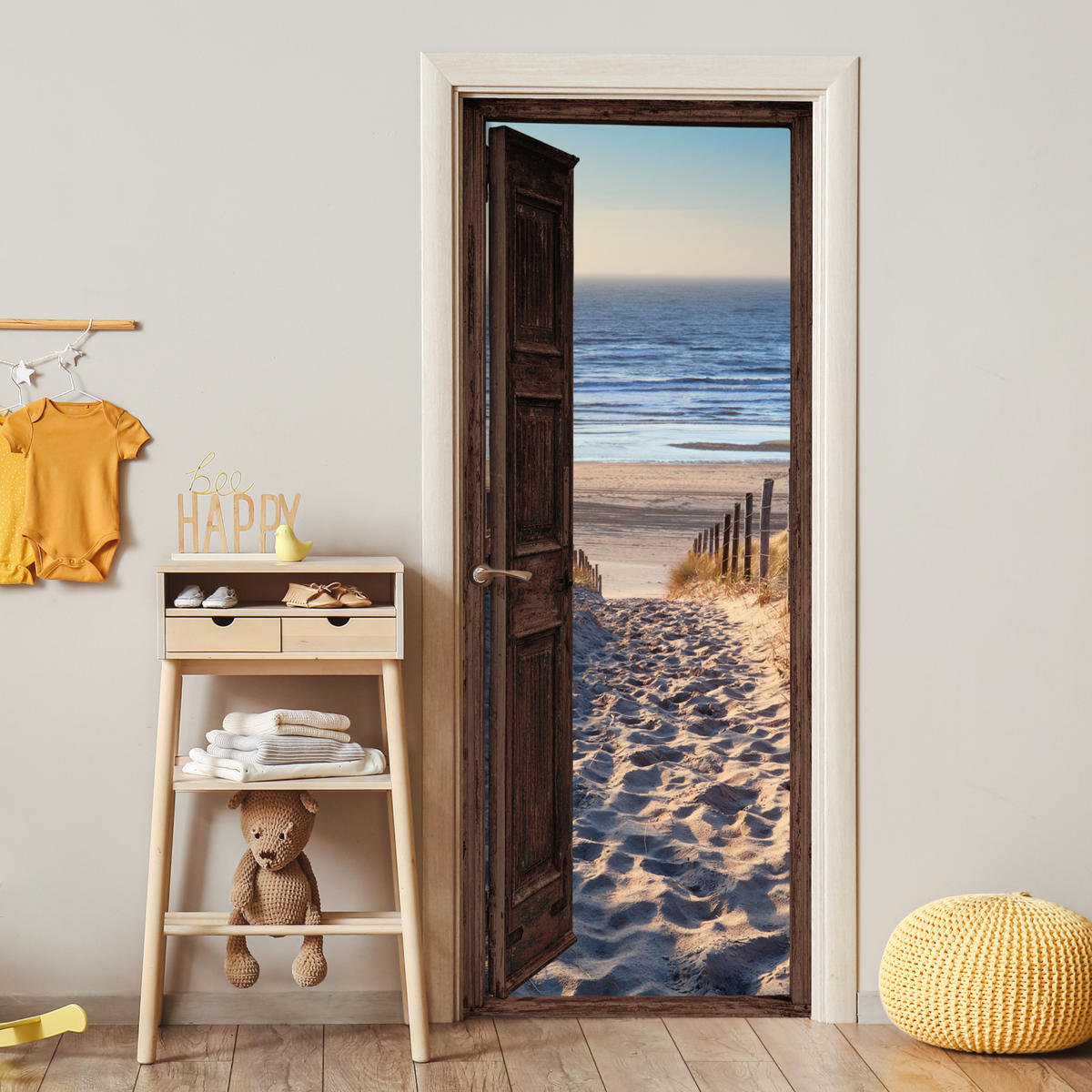 TÜRAUFKLEBER Selbstklebend - Fensterblick - Strand - Meer - Weg - Dünen 95x235 cm - Türtapete - Sandfarben, Kunststoff (95/0.1cm) - MuchoWow