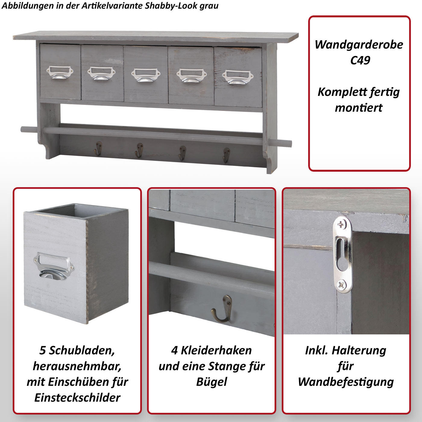 Thumbnail - MCW Garderobe, Grau, Holz, 65x32x13 cm, Garderobe, Garderobenleisten & Garderobenhaken
