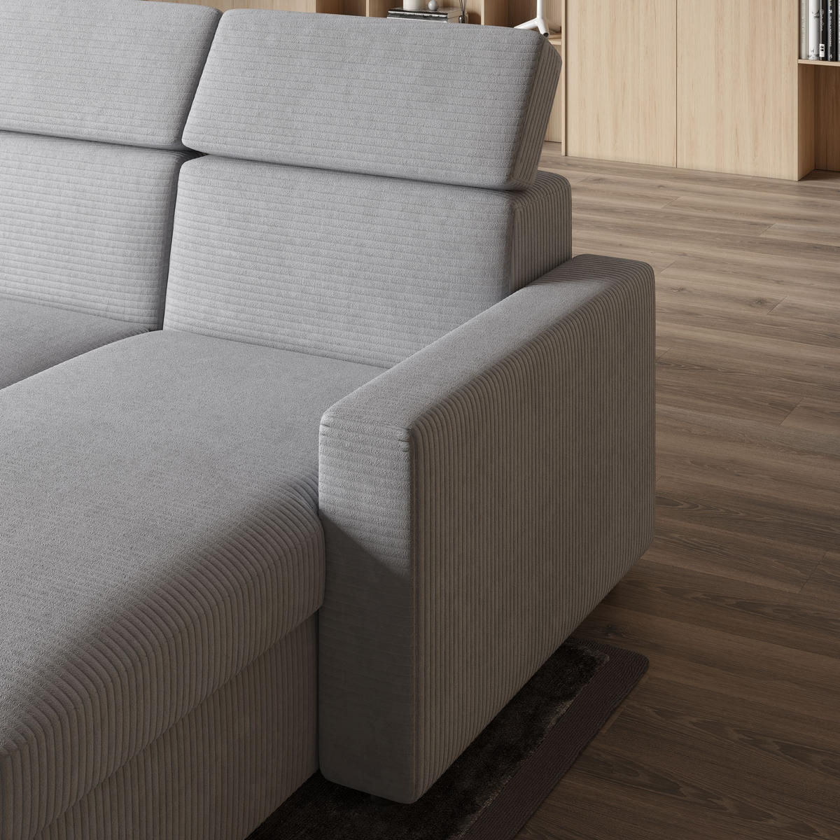 ECKSOFA PADWA Grau Kordstoff mit Schlaffunktion - Schwarz/Grau, Holz/Kunststoff (227/168cm) - MASSENO