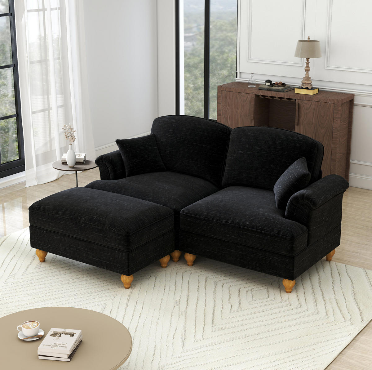 ECKSOFA 194/140/93 cm schwarz aus Chenille mit abnehmbarem Rüschenrock und beweglichem Hocker - Schwarz, Textil (140/194cm) - OKWISH