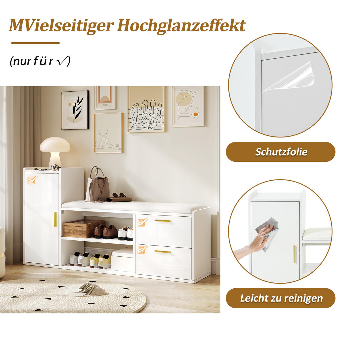 SCHUHSCHRANK Weiß Hochglanz 2 Schubladen 128x30x68cm Sitzbank - Weiß, Holzwerkstoff (30/68/128cm) - FLIEKS