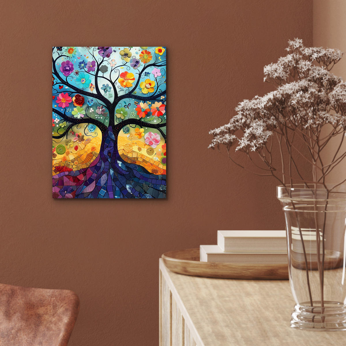 KOVOVÝ OBRAZ Umenie - Strom života - Kvety - Hippie 30x40 cm - tmavomodrá, kov (30/40cm) - MuchoWow