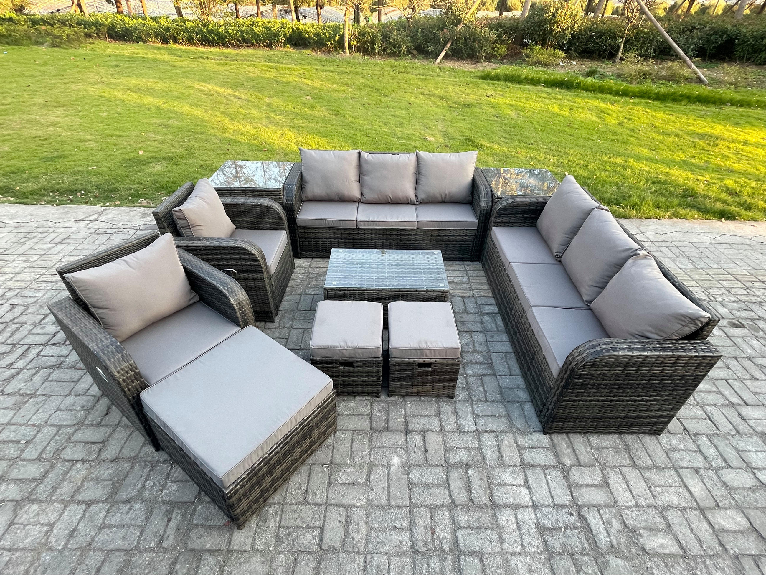 GARTENMÖBEL-SET mit Kissen Polyrattan Dunkelgrau 11-Sitzer - Dunkelgrau/Grau, Glas/Kunststoff - Fimous