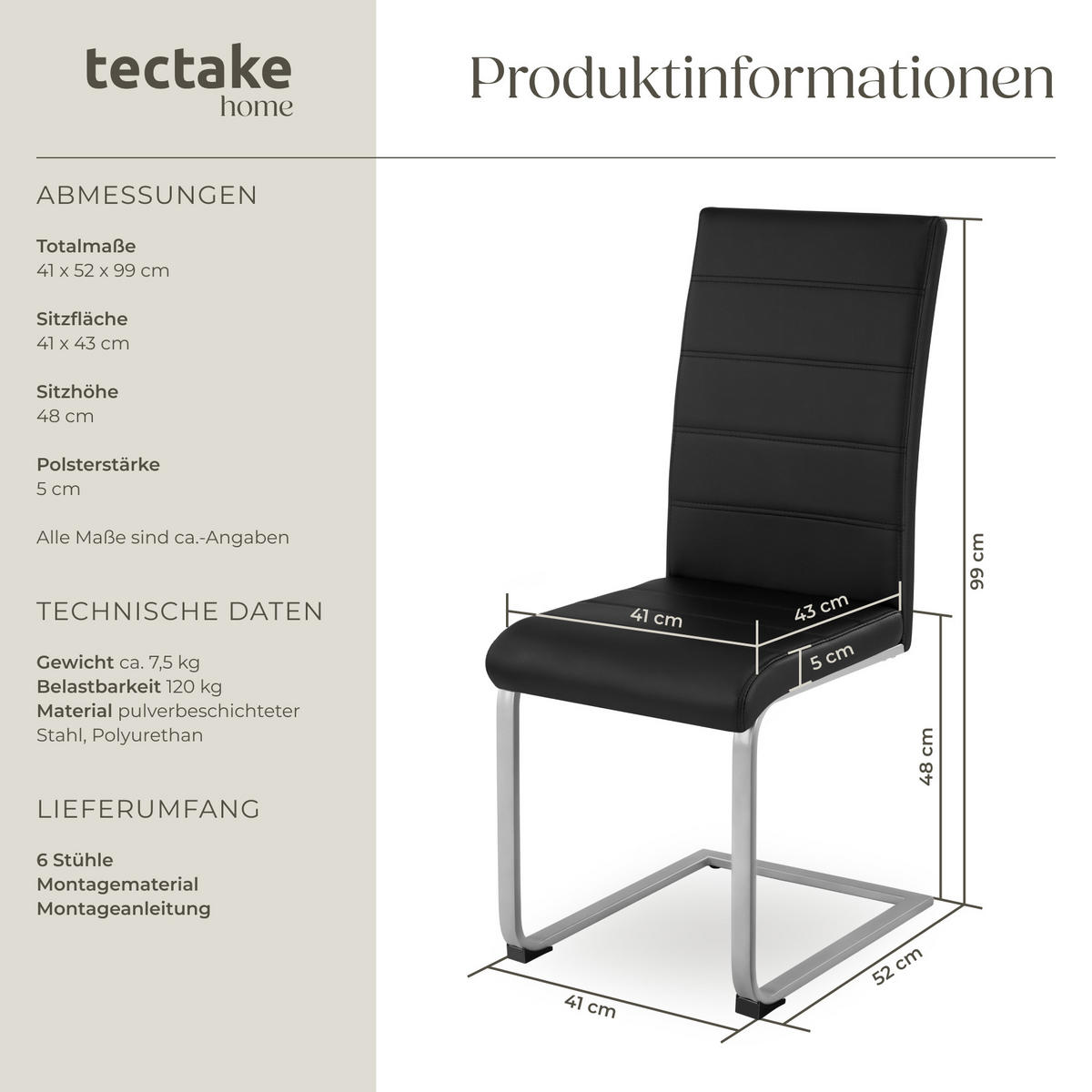 SCHWINGSTUHL 6er Set Bettina 41 x 52 x 99 cm schwarz - Schwarz, Textil (52/99/41cm) - tectake