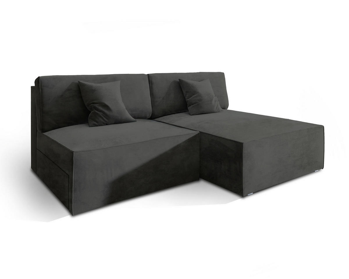 ECKSOFA FIORO M Schwarz Velours-Stoff mit Schlaffunktion - Schwarz, Holz (204/148cm) - MASSENO