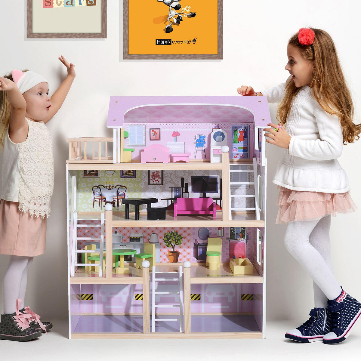 PUPPENHAUS DE-18719 4 Etagen mit 13 Accessoires & Balkon Weiß und Rosa - Pink, Holzwerkstoff (30/80/60cm) - ComfortXL