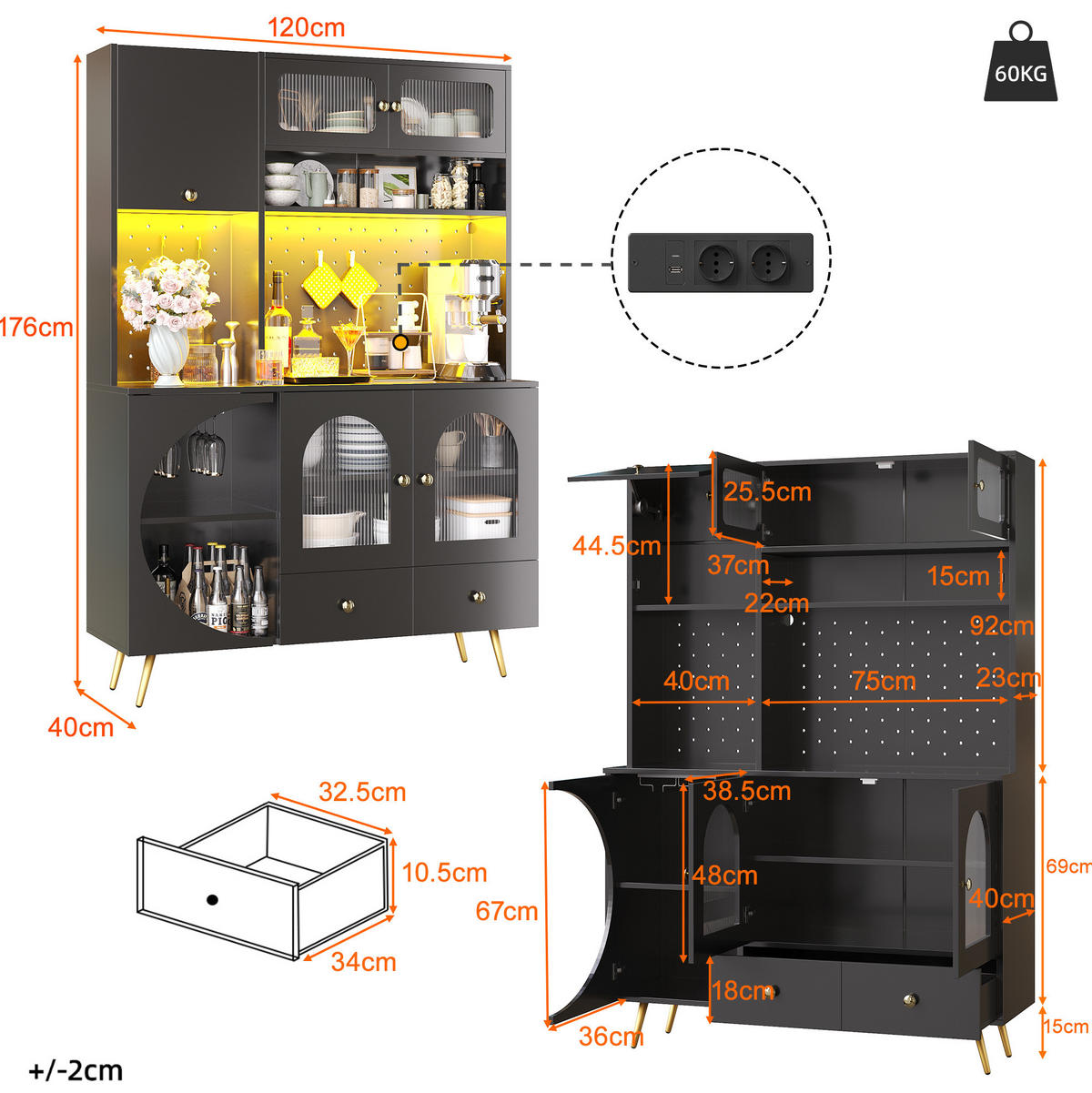 VYSOKÁ kuchyňská skříňka 120/40/176 cm s LED osvětlením, zásuvkou, 2 USB porty a skleněnými policemi, Černá - černá, kompozitní dřevo (120/176/40cm) - Redom