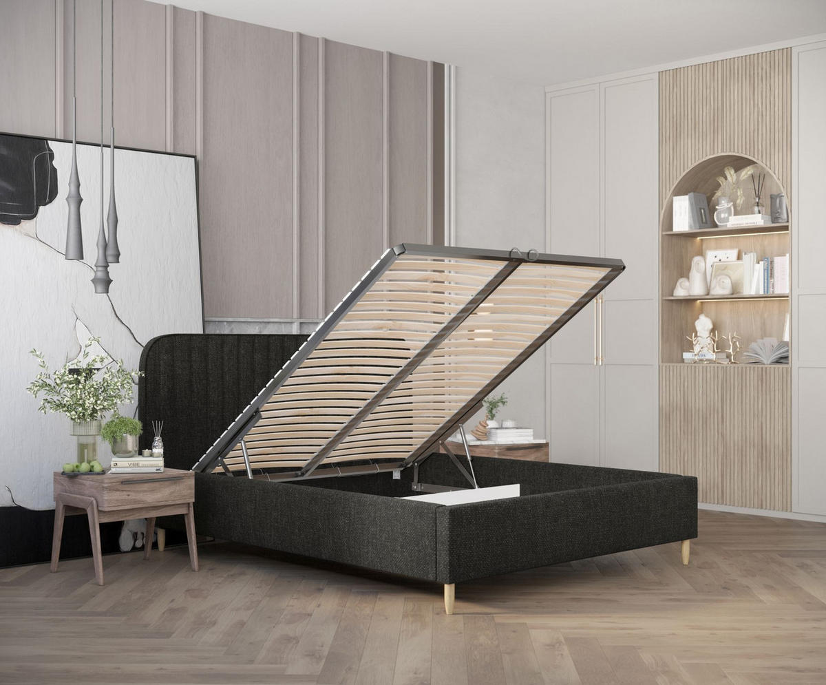 POLSTERBETT Noto Schwarz 120/200 cm im Chenille-Stoff - Schwarz/Naturfarben, Holz/Holzwerkstoff (120/200cm) - Maison de Reve