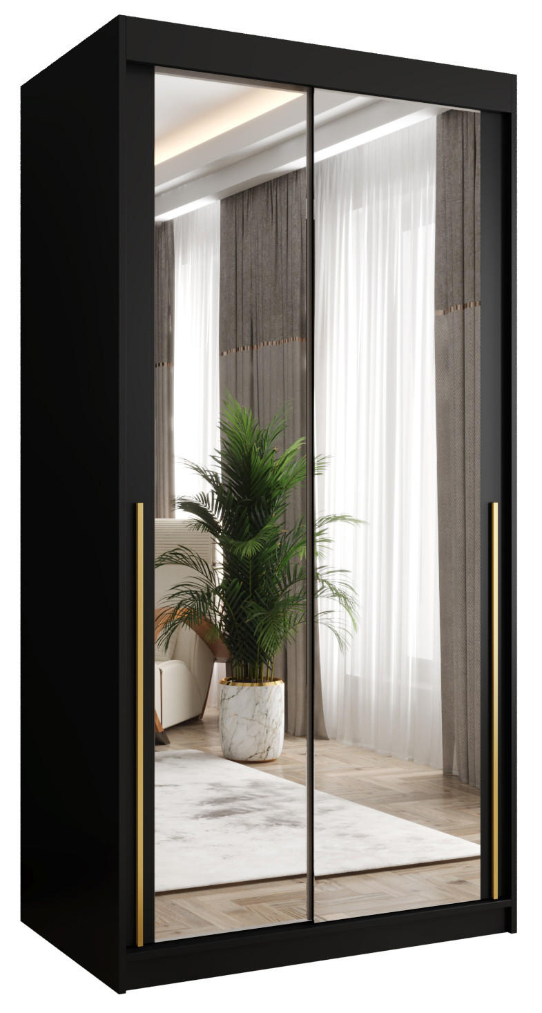 SCHIEBETÜRENSCHRANK mit Spiegel 100 cm Breite, schwarz mit goldenem Griff - Goldfarben/Schwarz, Holzwerkstoff (100/200/62cm) - Home Collective