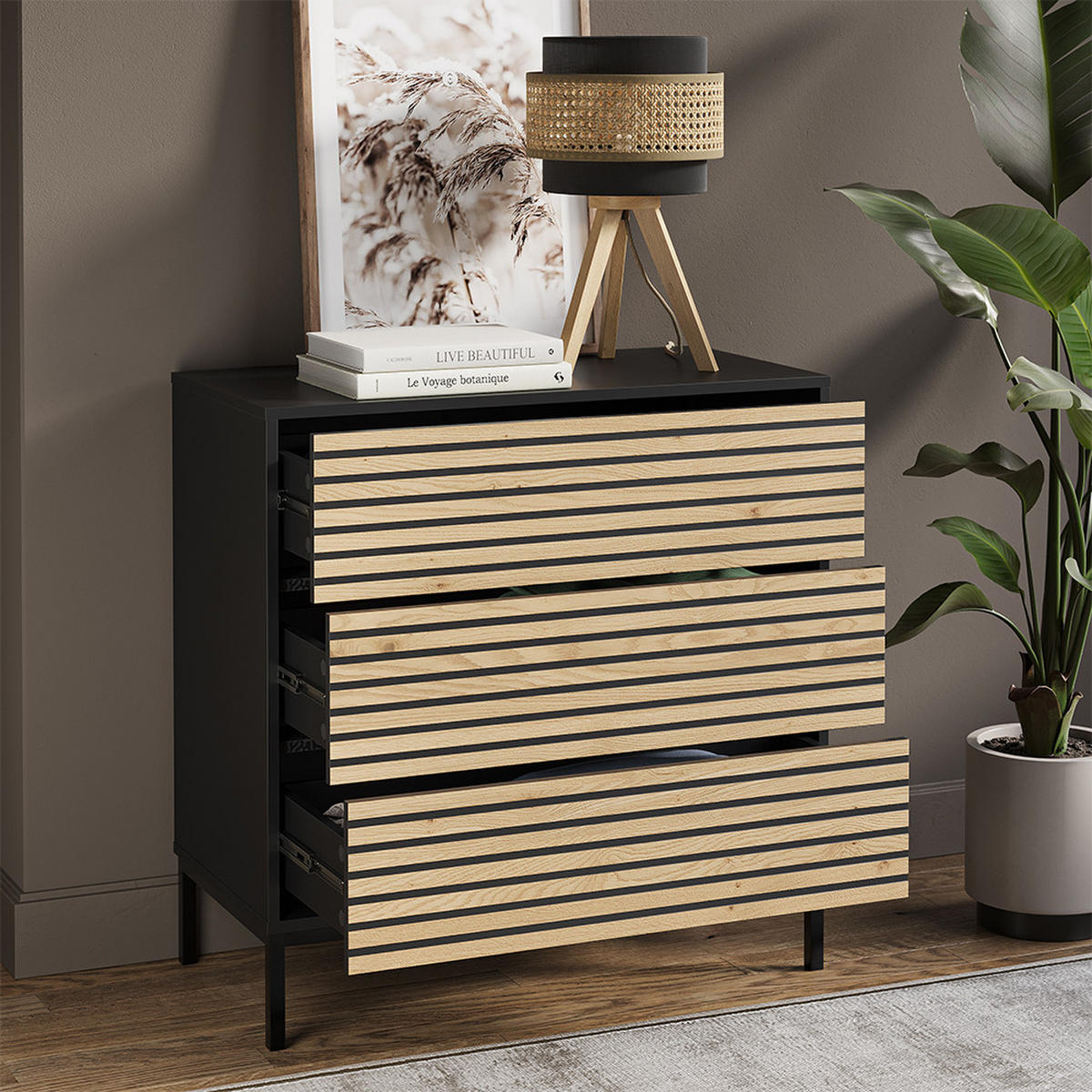 KOMMODE Eliza Schwarz/Eiche 80 x 81.2 cm 2 Schubladen - Honigeiche/Anthrazit, Holzwerkstoff (80/81.2/40cm) - Vicco
