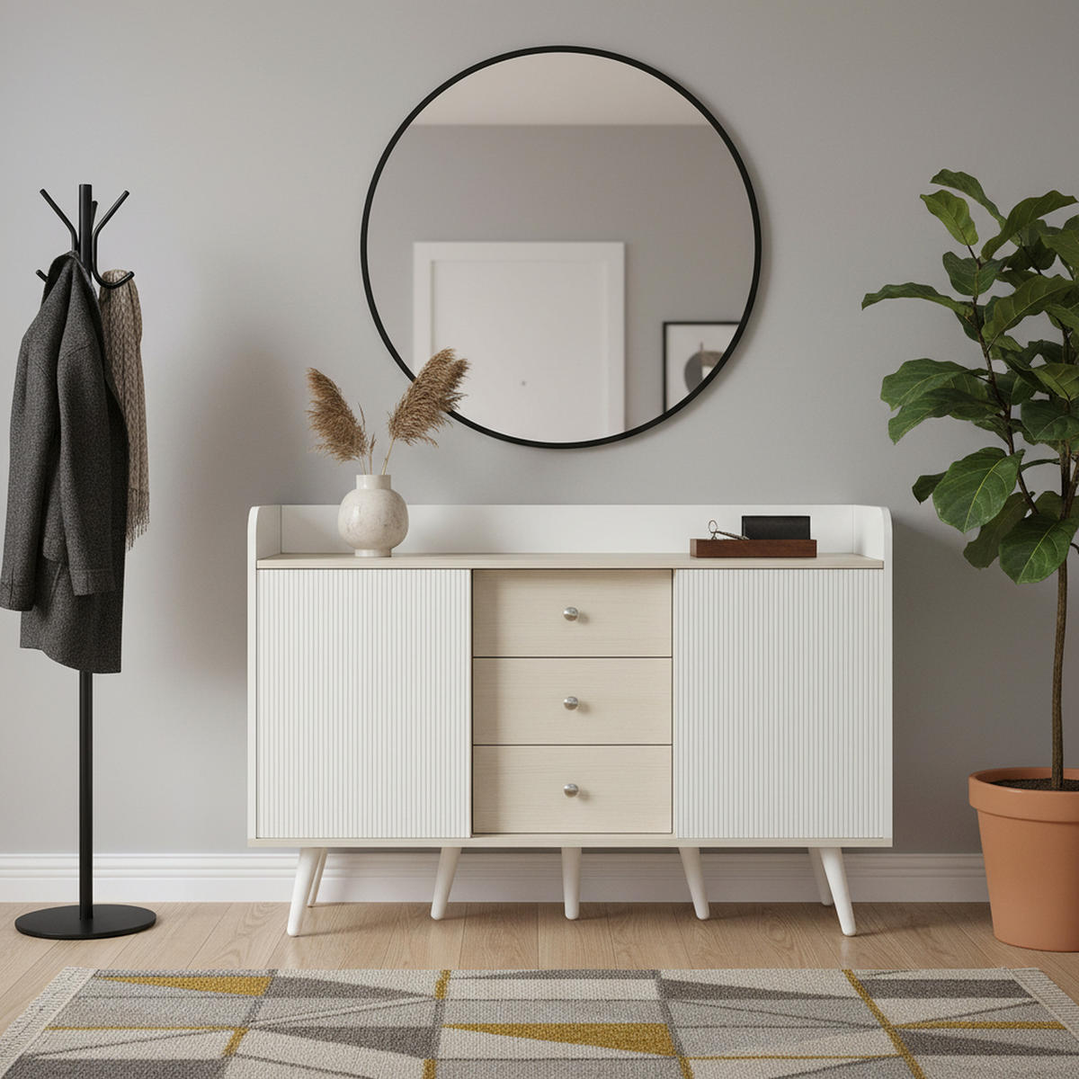 SIDEBOARD mit Schiebetüren & 3 Schubladen, Weiß und Holzoptik - Beige, Holzwerkstoff/Metall (117.5/79/39.5cm) - Urban Meuble