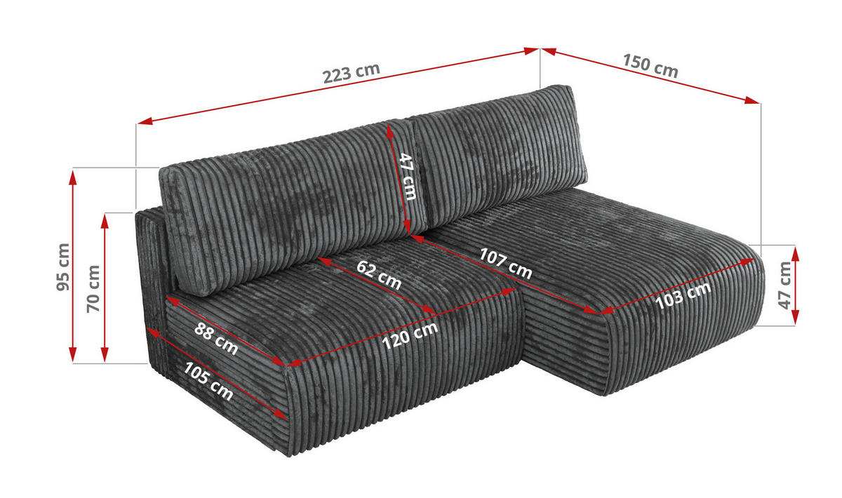 ECKSCHLAFSOFA VIVO L Dunkelgrau Cord - links - Dunkelgrau/Schwarz, Kunststoff/Textil (223/150cm) - MKS