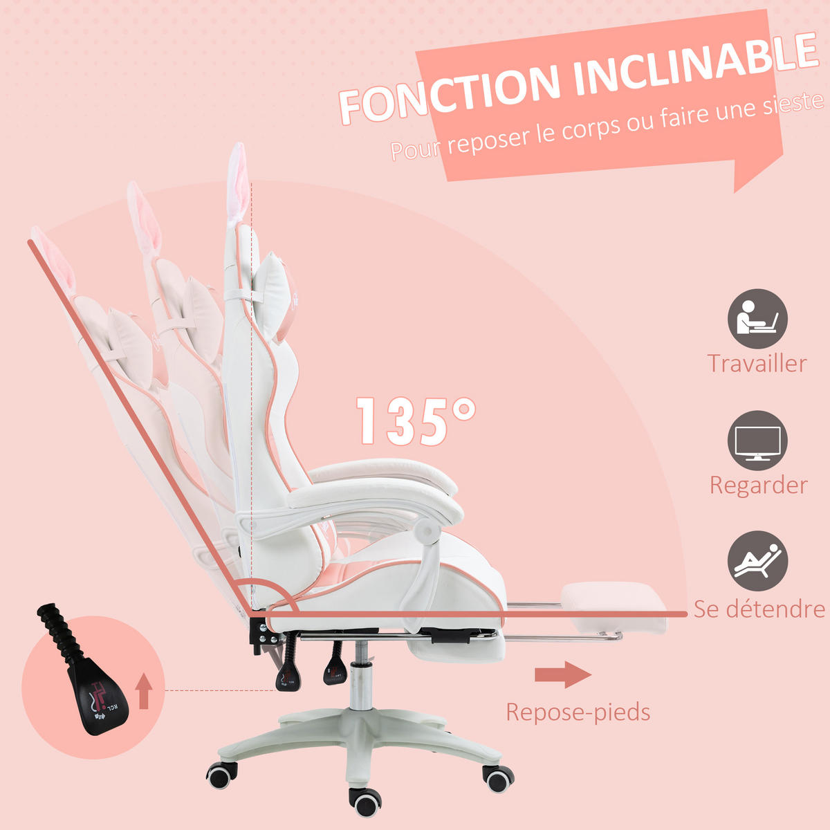 GAMINGSTUHL mit Hasenohren DE-11730 neigbar 135° mit Fußstütze Rosa - Pink, Metall (63/142/65cm) - ComfortXL