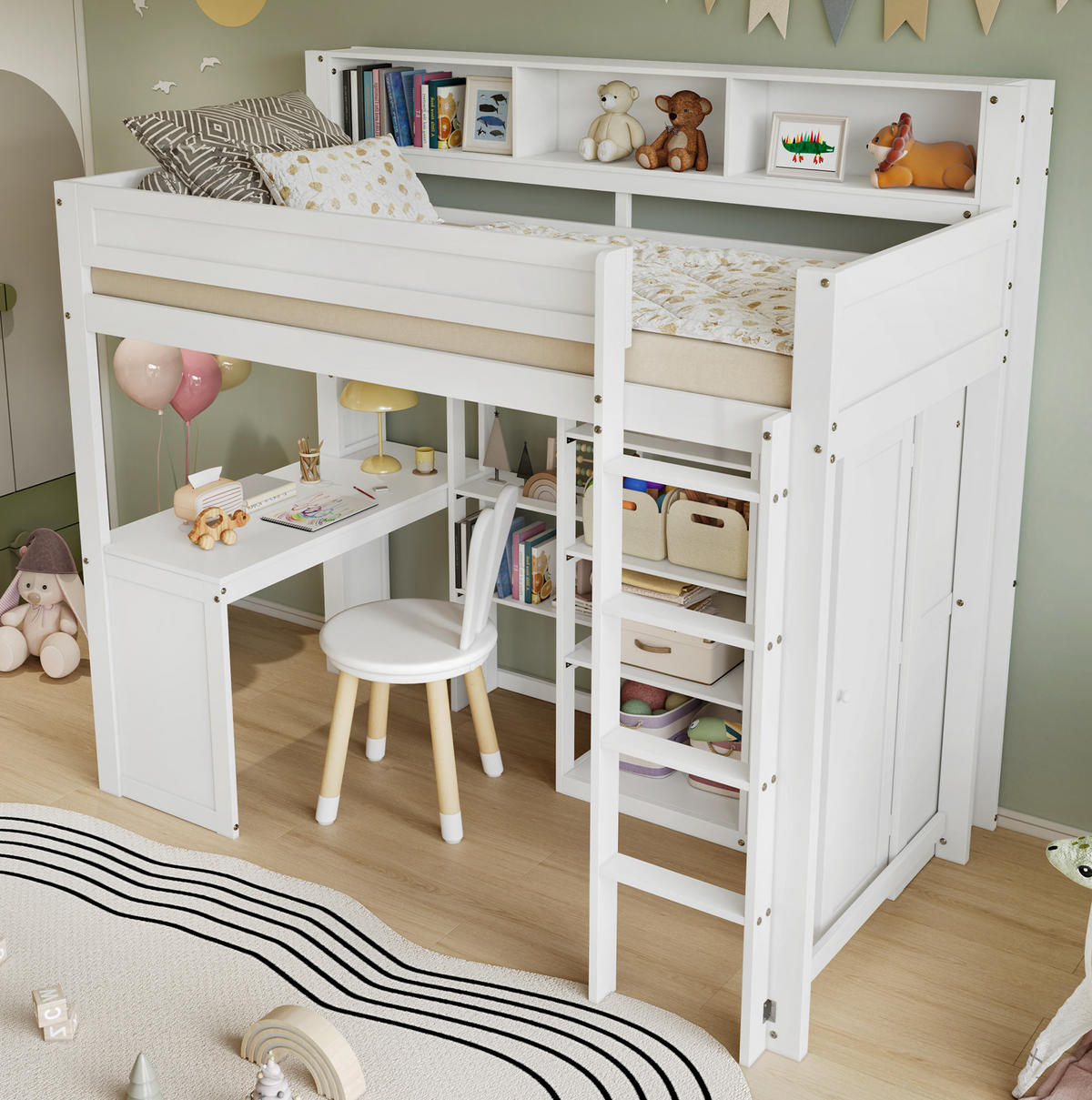 ETAGENBETT 90/200 cm aus Holz mit Tisch und Kleiderschrank, Weiß - Weiß, Holz (90/200cm) - OKMYHOME