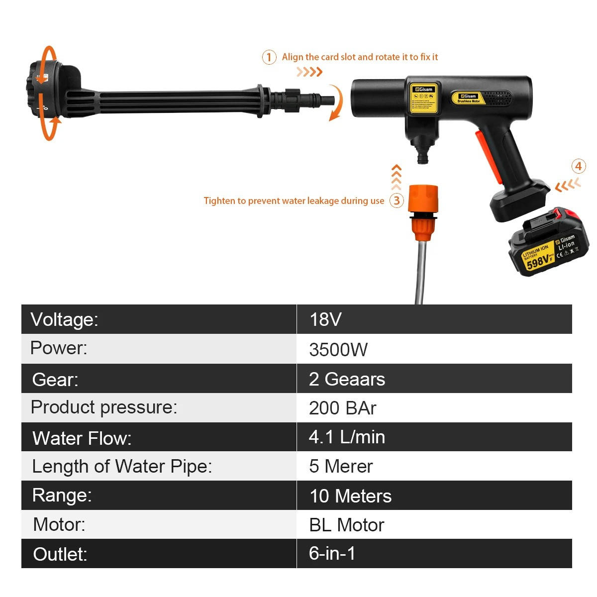 ELEKTRO-HOCHDRUCKREINIGER 6-in-1 200 Bar bürstenloser Geeignet für Autowäsche & Gartenarbeit, Mit 2 Batterien - Schwarz, Kunststoff (46.5/23cm) - Coonoor